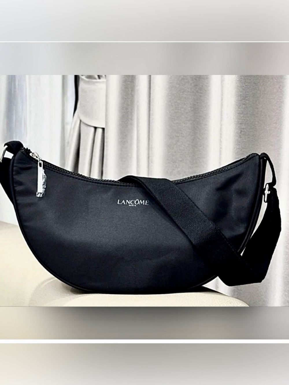 NWOT Lancôme Black Nylon
Crescent-Shaped Shoulder
Crossbody Bag.
